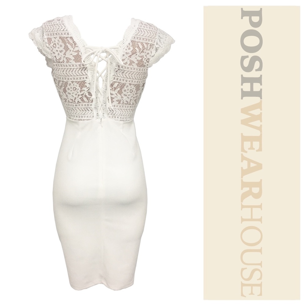 Off White Lace Bodice Stretch Bodycon Dress - Picture 3 of 3